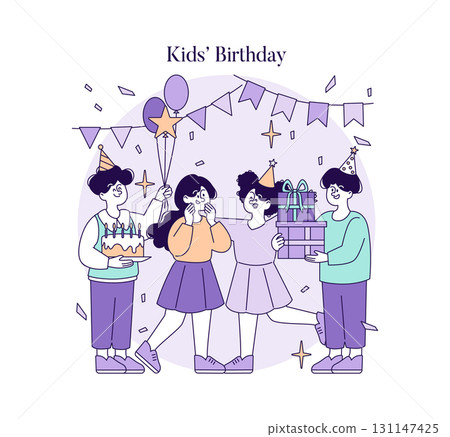 Vector illustration of children celebrating a birthday with joyous expressions. The scene includes a cake, balloons, gifts, and party hats, creating a lively atmosphere of fun and excitement. 131147425