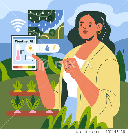 Vector illustration of a woman using a weather AI application on a tablet for farming. The app displays weather icons and temperature, aiding in agricultural planning and decision-making. 131147428