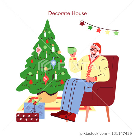 Vector illustration of a man sitting by a decorated Christmas tree, holding a mug. The scene depicts holiday decorations and gifts, highlighting a cozy and festive atmosphere. 131147439