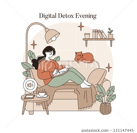 Vector illustration of a woman enjoying a digital detox evening, relaxing on a couch with a cat and a book. The scene conveys a peaceful atmosphere with a focus on relaxation. 131147445