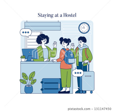Vector illustration of travelers checking in at a hostel reception. The receptionist interacts with guests carrying luggage and backpacks. A friendly interaction in a welcoming environment. Vector illustration of travelers checking in at a hostel reception. The receptionist interacts with guests carrying luggage and backpacks. A friendly interaction in a welcoming environment. 131147450