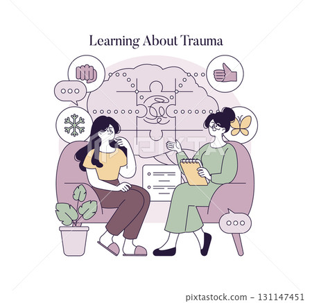 Vector illustration showing a counseling session on trauma. Two individuals engage in discussion, one with a notebook, on a couch with emotional expression symbols surrounding them. Vector illustration showing a counseling session on trauma. Two individuals engage in discussion, one with a notebook, on a couch with emotional expression symbols surrounding them. 131147451