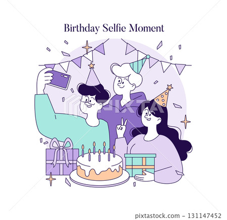 Vector illustration depicting friends capturing a joyful birthday selfie. The group wears party hats, with a cake and wrapped gifts in the foreground, conveying a festive celebration. Vector illustration depicting friends capturing a joyful birthday selfie. The group wears party hats, with a cake and wrapped gifts in the foreground, conveying a festive celebration. 131147452