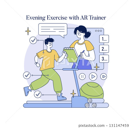 Vector illustration of a person engaged in an interactive evening exercise session with an augmented reality trainer. Features virtual coaching elements like a checklist and play controls. 131147459