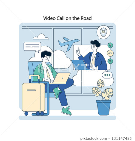 Vector illustration of two business travelers in an airport lounge, engaged in a video call on their laptops. One traveler is seated with a suitcase, depicting mobile work. 131147485