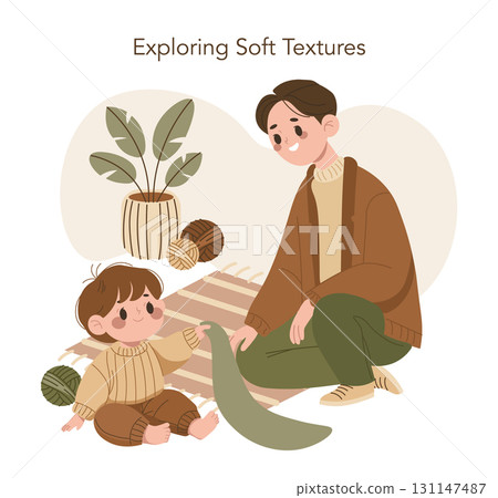 A child and parent engage in sensory exploration with various soft textiles on a mat. Smiling faces express joy and curiosity in this charming vector illustration of family bonding. A child and parent engage in sensory exploration with various soft textiles on a mat. Smiling faces express joy and curiosity in this charming vector illustration of family bonding. 131147487