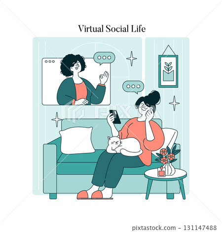Vector illustration depicting a woman relaxing with a cat and holding a phone while engaging in a virtual conversation. Highlights modern digital interaction and comfort at home. Vector illustration depicting a woman relaxing with a cat and holding a phone while engaging in a virtual conversation. Highlights modern digital interaction and comfort at home. 131147488