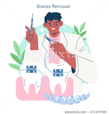 Dentist in a white coat is shown removing braces from a large tooth with dental tools. The vector illustration highlights orthodontic care and braces removal procedures. Dentist in a white coat is shown removing braces from a large tooth with dental tools. The vector illustration highlights orthodontic care and braces removal procedures. 131147489