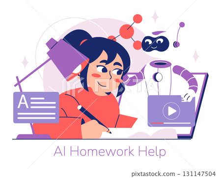 Vector illustration shows a student doing homework with AI assistance. A friendly robot helps by displaying educational content on a laptop. Scene emphasizes technology in education. Vector illustration shows a student doing homework with AI assistance. A friendly robot helps by displaying educational content on a laptop. Scene emphasizes technology in education. 131147504