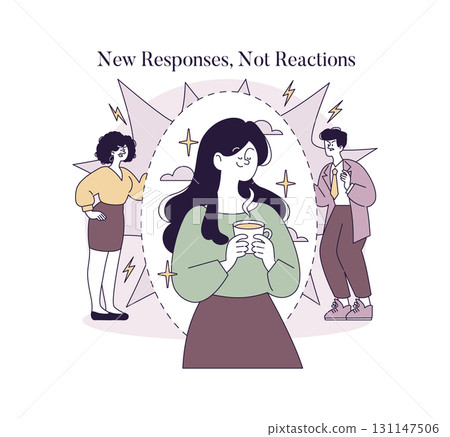 Vector illustration of a calm woman enjoying a cup of coffee while two people around her express tension and distress. The scene emphasizes maintaining serenity in the face of conflict. 131147506