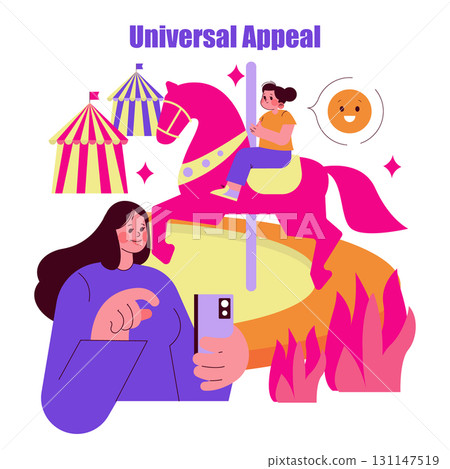 Vector illustration of a child riding a carousel horse while a person takes a photo. Colorful tents in the background create a festive atmosphere paired with smiling expressions. 131147519