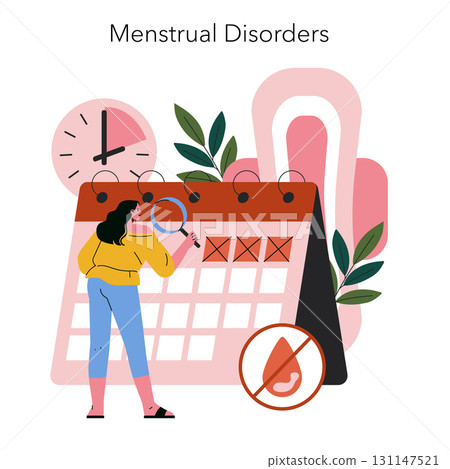 Vector illustration of a woman examining a calendar with a magnifying glass, depicting menstrual disorders. Symbols of time and menstruation emphasize the theme of cycle management. 131147521