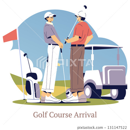 Two golfers stand and chat beside a golf cart, holding clubs on a lush course. Their relaxed, friendly demeanor suggests camaraderie. Golf bag and flag visible in the background. 131147522