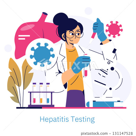 Vector illustration featuring a scientist wearing gloves and examining a test tube related to hepatitis testing. Includes liver and virus symbols for medical context. Vector illustration featuring a scientist wearing gloves and examining a test tube related to hepatitis testing. Includes liver and virus symbols for medical context. 131147528