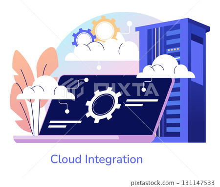 Vector illustration depicting a cloud integration concept with server imagery, digital gears, and interconnected clouds symbolizing technology and data synchronization. 131147533
