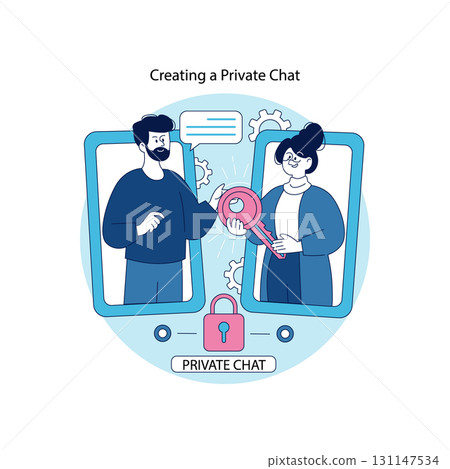 Vector illustration of two people on video call transferring a key, symbolizing secure private chat. Features digital devices, lock icons, and gears representing encryption. 131147534