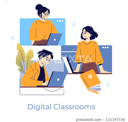 Vector illustration showing individuals participating in a digital classroom setting, engaging with each other via laptops. Represents online education and remote learning communication. Vector illustration showing individuals participating in a digital classroom setting, engaging with each other via laptops. Represents online education and remote learning communication. 131147536