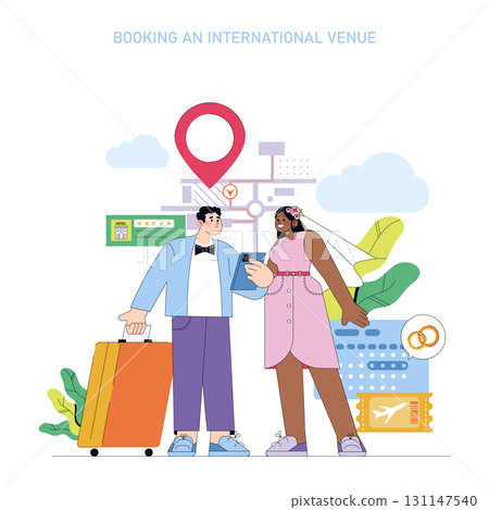 Vector illustration of a happy couple booking an international wedding venue online. The scene includes travel icons like a suitcase, map, and plane ticket, symbolizing a destination wedding. 131147540