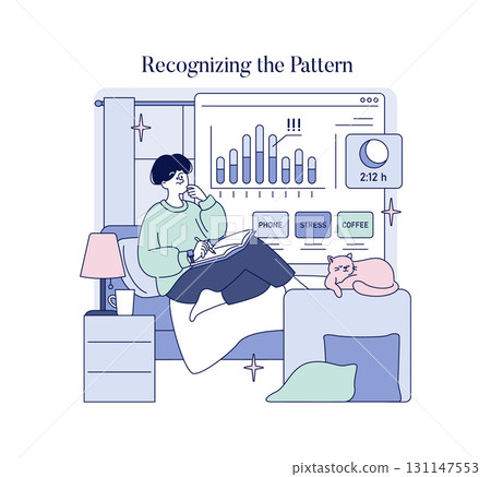 Person sitting with notebook, analyzing data on a screen with charts and keywords like phone and stress. Calm environment with a sleeping cat nearby, depicted in vector style. 131147553