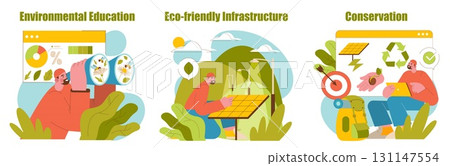 Vector illustration showcasing environmental education, eco-friendly infrastructure, and conservation. A person examines data and interacts with sustainable energy solutions in a nature-inspired 131147554