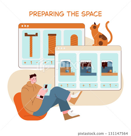 Vector illustration of a person engaged in planning interior design using a digital interface. The image includes a cat sitting atop a screen showcasing various interior elements. Vector illustration of a person engaged in planning interior design using a digital interface. The image includes a cat sitting atop a screen showcasing various interior elements. 131147564