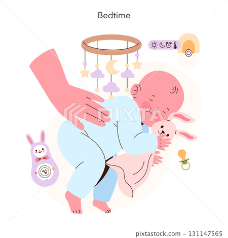 Vector illustration of a sleepy baby comfortably lying down with a comforting hand nearby. The baby is surrounded by bedtime essentials, conveying a sense of peace and security. 131147565