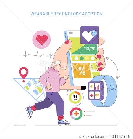 Vector illustration showcasing wearable technology adoption. A person running while using fitness tracker apps on devices like smartwatches and smartphones to monitor health metrics. Vector illustration showcasing wearable technology adoption. A person running while using fitness tracker apps on devices like smartwatches and smartphones to monitor health metrics. 131147566