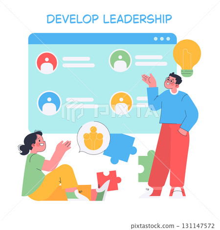 Vector illustration of a team workshop focused on developing leadership skills. A person presents in front of a leadership-themed board, signaling teamwork and strategy development. Vector illustration of a team workshop focused on developing leadership skills. A person presents in front of a leadership-themed board, signaling teamwork and strategy development. 131147572