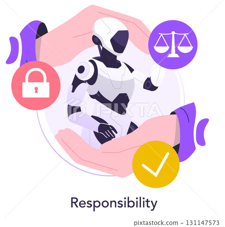 Vector illustration depicting a robot surrounded by symbols of security and justice, representing the responsibility and ethical considerations in artificial intelligence development. Vector illustration depicting a robot surrounded by symbols of security and justice, representing the responsibility and ethical considerations in artificial intelligence development. 131147573