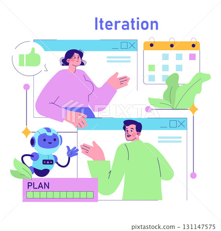 Vector illustration depicting a team collaborating on software development. Features diverse team members discussing iterative planning with digital tools and a friendly robot assistant. Vector illustration depicting a team collaborating on software development. Features diverse team members discussing iterative planning with digital tools and a friendly robot assistant. 131147575