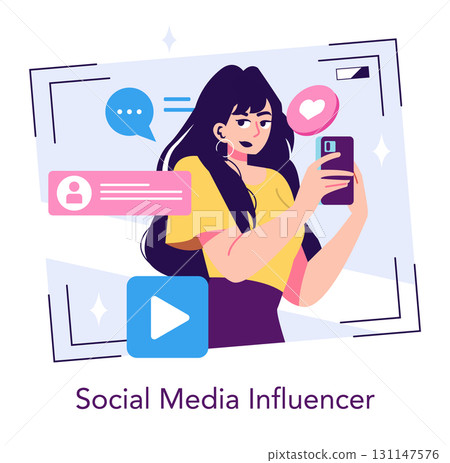Vector illustration of a social media influencer actively engaging with followers through a smartphone. Includes icons of communication and interaction, highlighting modern digital media. 131147576
