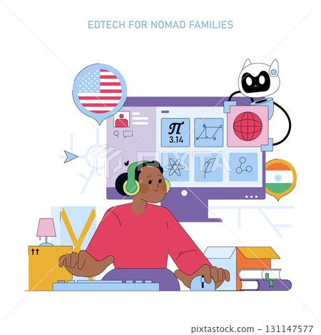 Vector illustration of a person engaged in online learning with educational symbols on a screen. Designed for nomadic families, the image highlights international digital education. Vector illustration of a person engaged in online learning with educational symbols on a screen. Designed for nomadic families, the image highlights international digital education. 131147577