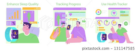 Vector illustration showing individuals using health trackers to monitor sleep quality and track fitness progress. Includes smartwatch, charts, and positive feedback elements. 131147585