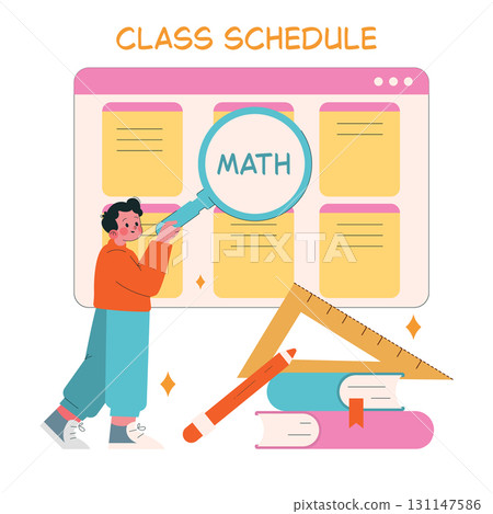 Child examines class schedule focusing on math subject. Vector illustration features an educational theme, including books, a magnifying glass, a pencil, and a ruler. 131147586