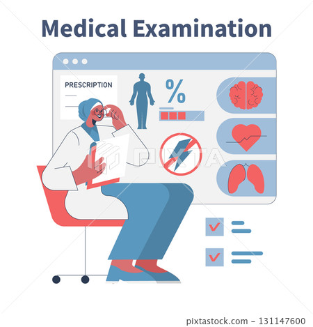 Vector illustration depicting a doctor examining patient data on a screen. Elements include medical icons such as brain, heart, and lungs, highlighting health analysis. 131147600
