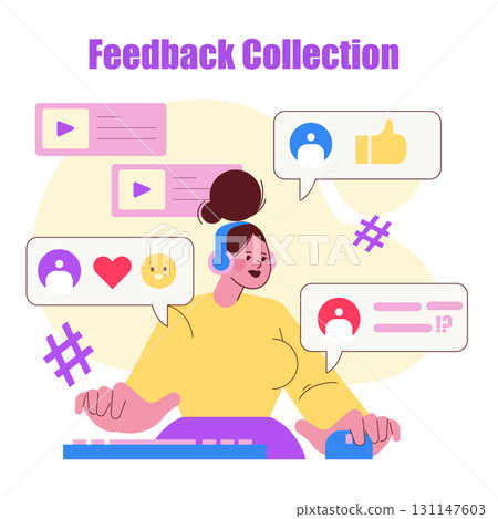Colorful vector illustration of a woman at a computer, surrounded by feedback symbols like hearts and thumbs-up, representing customer feedback collection and engagement. Colorful vector illustration of a woman at a computer, surrounded by feedback symbols like hearts and thumbs-up, representing customer feedback collection and engagement. 131147603