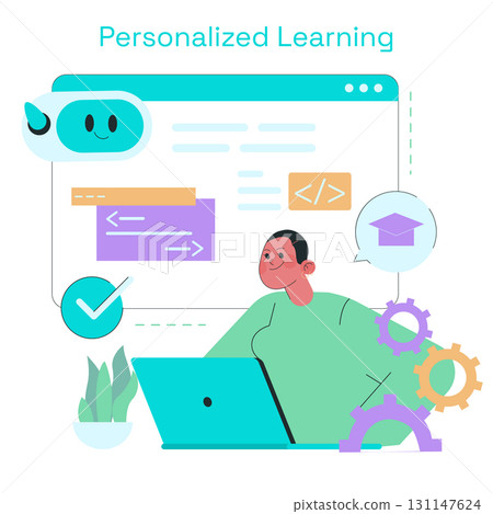 Vector illustration of a person happily engaging with a personalized learning interface on a laptop. Features coding symbols, chatbot, and educational icons, symbolizing interactive learning. Vector illustration of a person happily engaging with a personalized learning interface on a laptop. Features coding symbols, chatbot, and educational icons, symbolizing interactive learning. 131147624