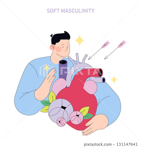 Vector illustration depicting the concept of soft masculinity. Features a person embracing a heart symbol, with arrows and floral elements, conveying sensitivity and emotional depth. 131147641