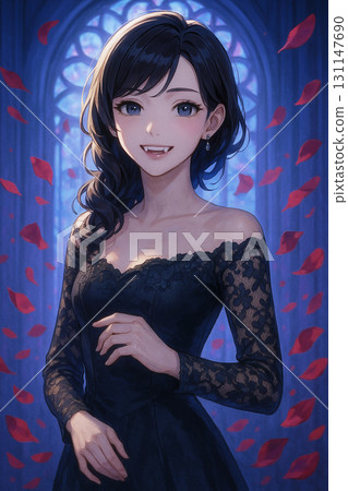 一個穿著黑色連身裙的美麗的微笑吸血鬼女孩 一個穿著黑色連身裙的美麗的微笑吸血鬼女孩 131147690