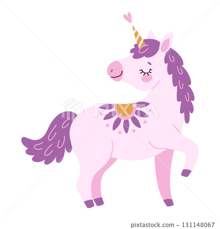 Cute lavender magical unicorn. Hand drawn flat style magical pony  131148067