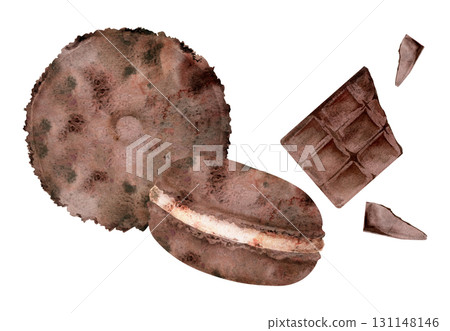 Crisp macarons, top and side view, oreo whoopie pies and chocolate bar shavings. Hand painted in watercolor. Recipe e-books, cafe or patisserie branding, artisanal dessert packaging illustrations. 131148146