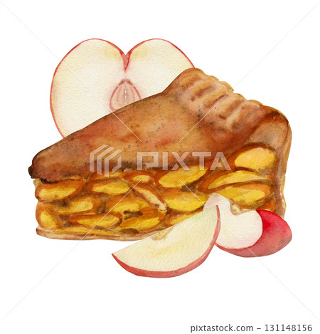 Watercolor slice of homemade pie with fruit filling, peach tart with cut apple pieces. Hand drawn dessert element. Kitchen wall art, food fest menus, sweets blog illustrations, bakery sticker sets. 131148156