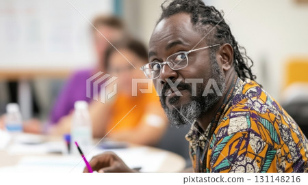 African male participant explaining survey results in focus with diverse group listening. Survey research answer checklist 131148216