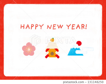 New Year's card - Plum blossoms, kagami mochi, and sunrise illustration - watercolor style material 131148250