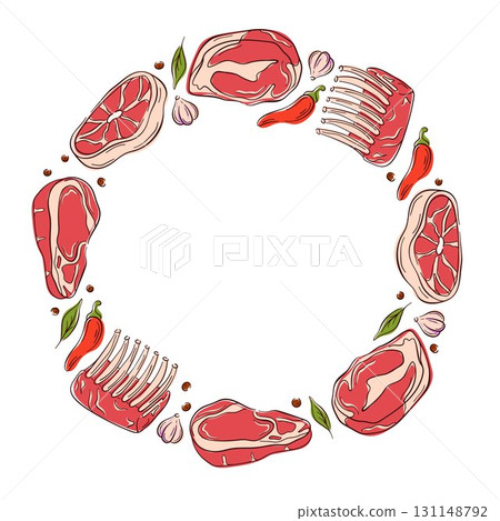 Circular frame of raw meat cut, steak, ribs with herbs, pepper, garlic and spices on a white background in flat style. 131148792