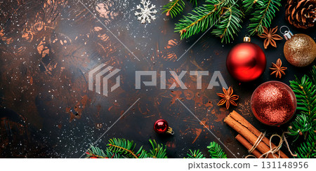 Christmas decorations with christmas balls, fir branches on a green background, copy space. Concept New Year, Christmas 131148956