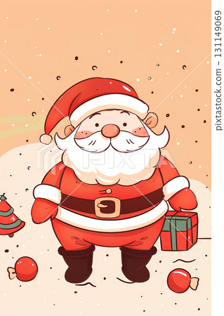 Cartoon Santa Claus in a red suit and glasses on a red background. Christmas and New Year concept. Advertising banner. Cartoon Santa Claus in a red suit and glasses on a red background. Christmas and New Year concept. Advertising banner. 131149069