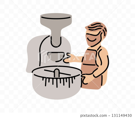 Coffee roaster at work, graphic design. Coffee beans are roasted on a roaster, vector design and illustration Coffee roaster at work, graphic design. Coffee beans are roasted on a roaster, vector design and illustration 131149430