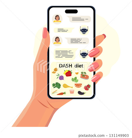 Smartphone displaying DASH diet app with chat interface and colorful food icons in background Smartphone displaying DASH diet app with chat interface and colorful food icons in background 131149903