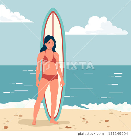 Woman with surfboard standing on beach with ocean waves in background under cloudy sky 131149904